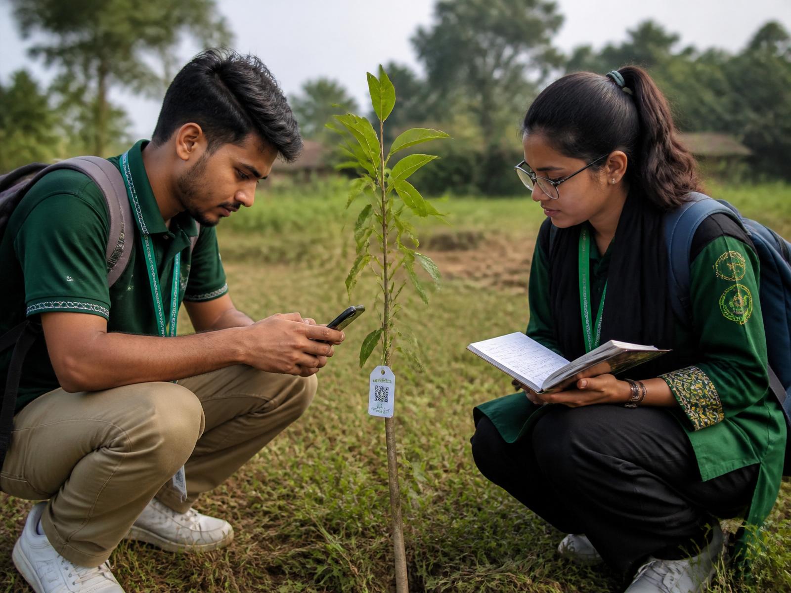 Field officer geo-tagging a native tree with a GPS tag and tablet