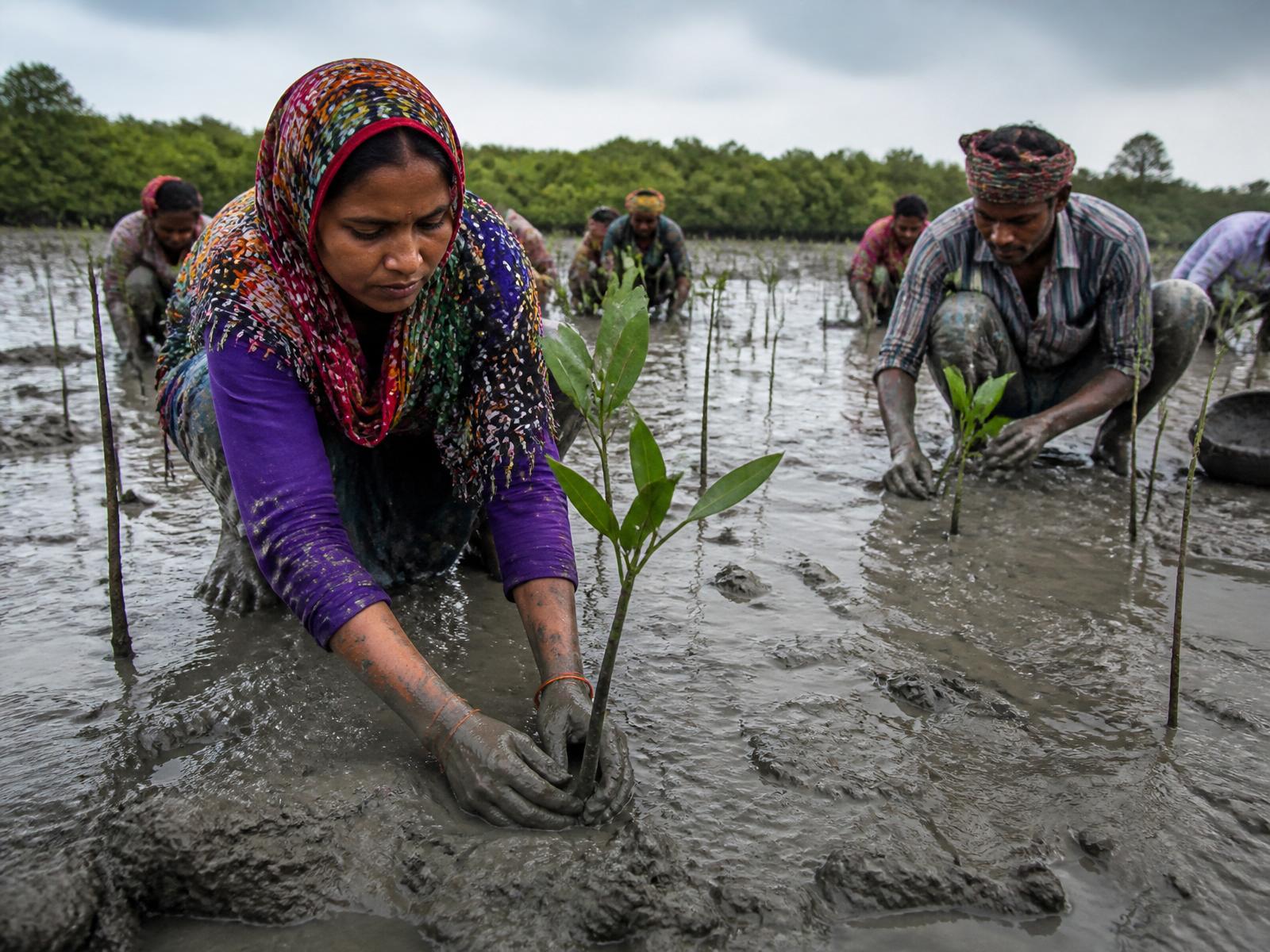 Volunteers planting mangrove saplings along the coast